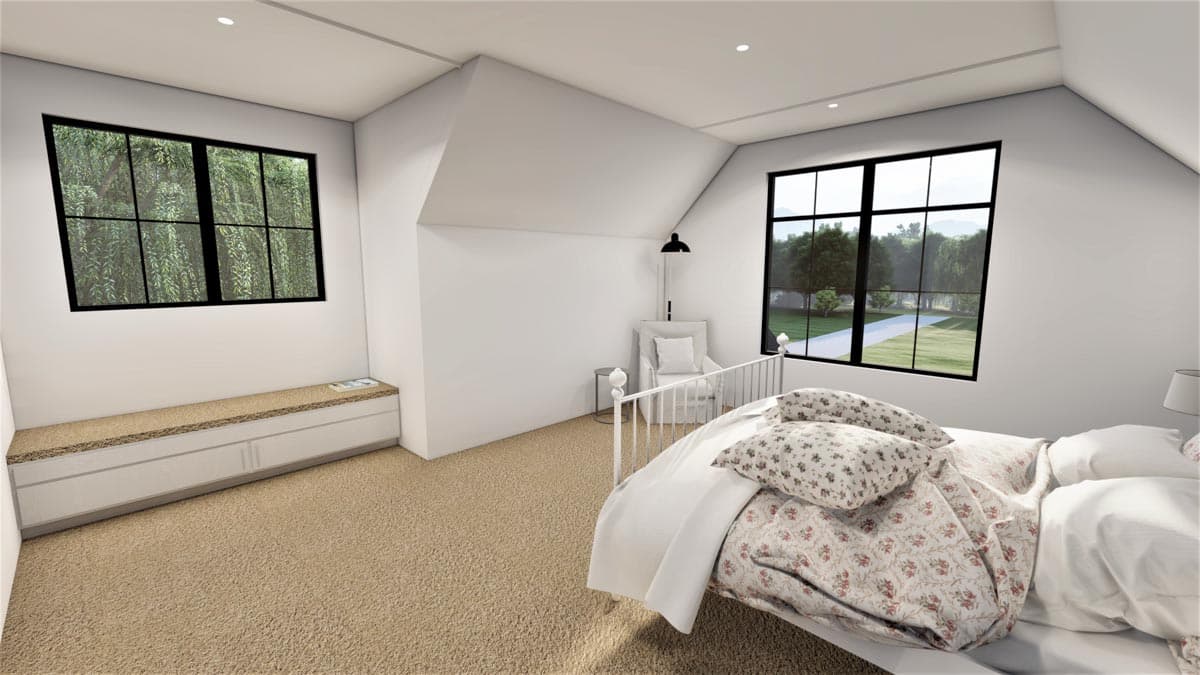 Bedroom interior with vaulted ceiling, two large windows, built-in bench seating with storage, and a bed.