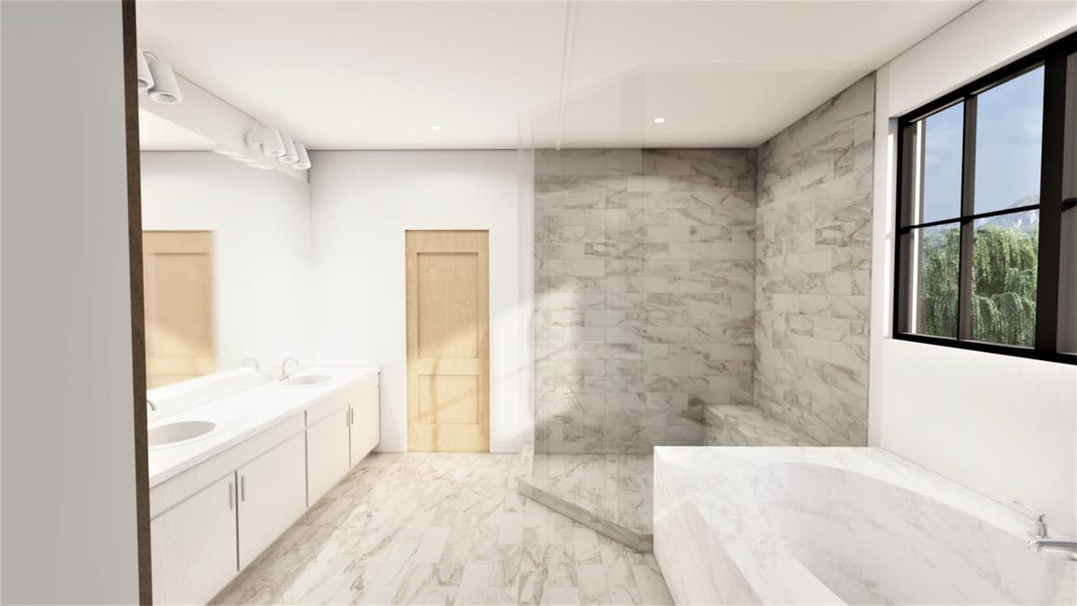 Modern bathroom rendering with double vanity, marble tile shower enclosure, and freestanding tub.