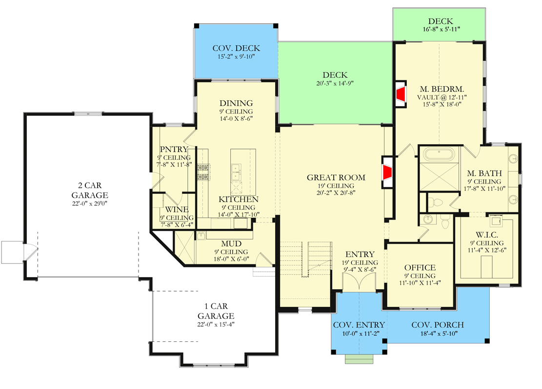 Plan 490060NAH: Transitional 3600 Square Foot Farmhouse with 2-Story Great Room - Floor Plan - Main Level - Hill Country, New American, Traditional, Transitional