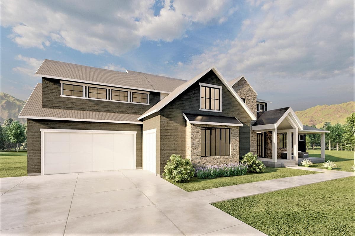 House plan exterior: Modern Farmhouse style, two stories, with a prominent gable, stone accents, large windows, and a covered front porch.