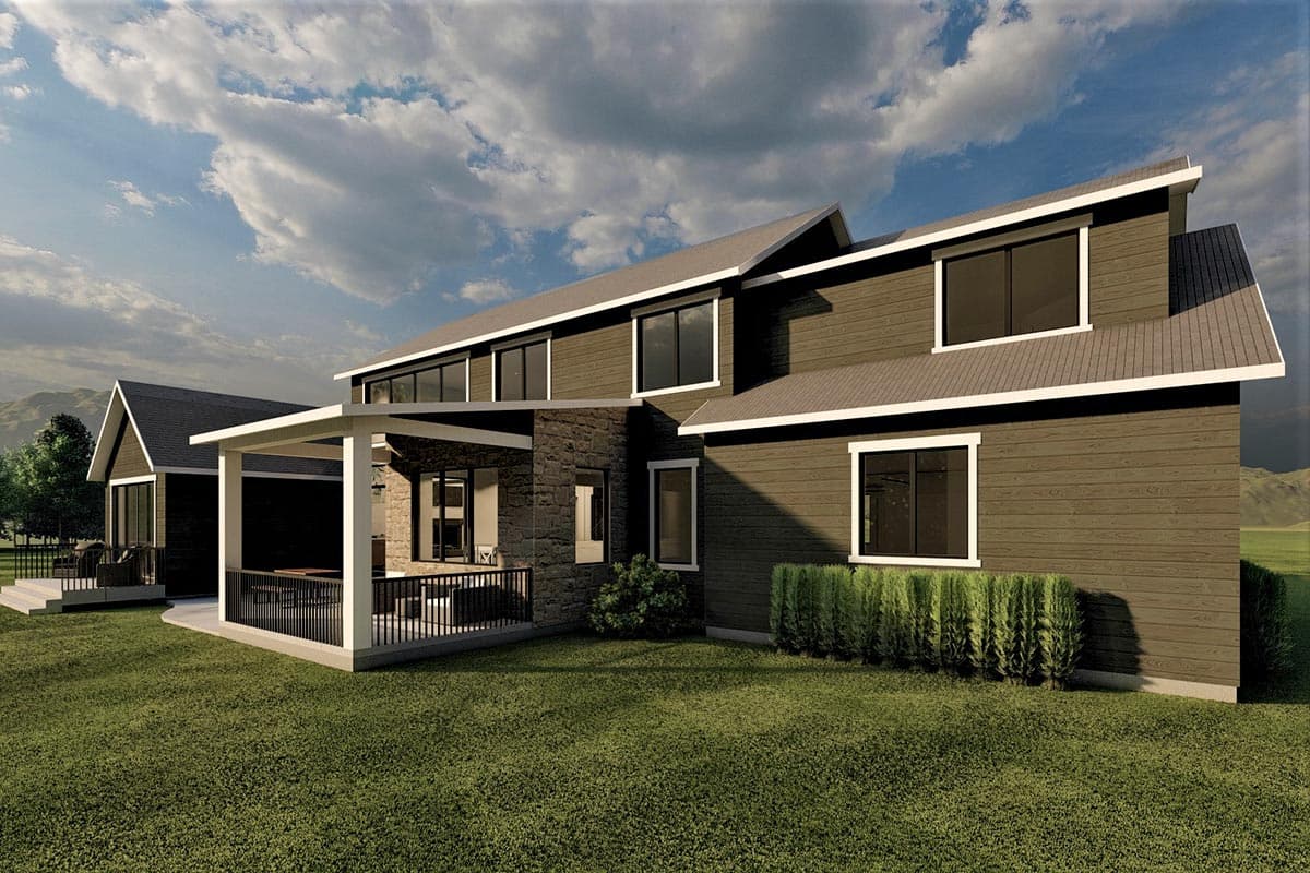 Modern house plan exterior with two stories, horizontal siding, stone accents, and a covered patio.