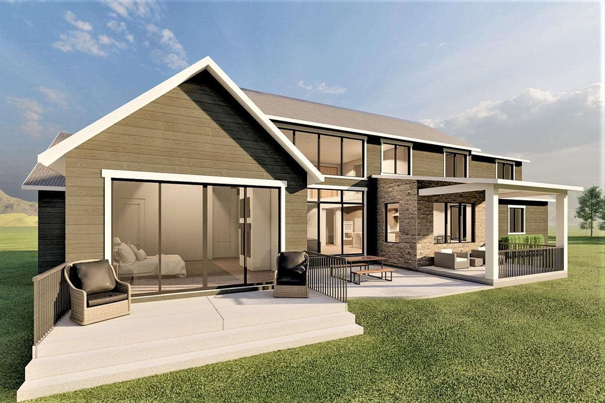 Plan 490060NAH: Transitional 3600 Square Foot Farmhouse with 2-Story Great Room - Image #4 - Hill Country, New American, Traditional, Transitional
