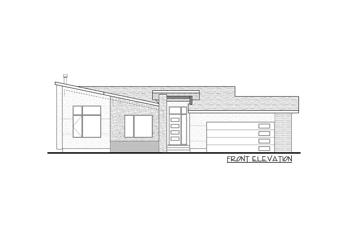 Front elevation drawing of a single-story house with a sloped roof, stone accents, modern entry, and attached garage.