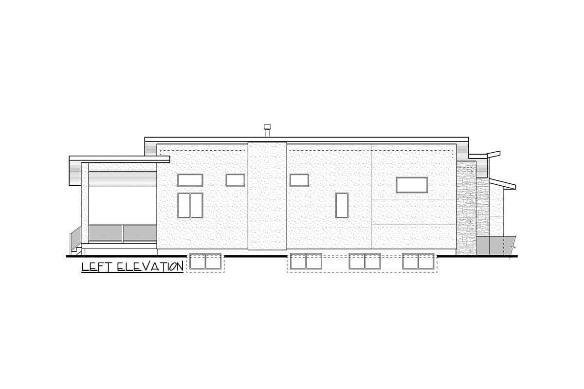 Left elevation drawing of a single-story house with a covered porch, flat roof, and varied window sizes.