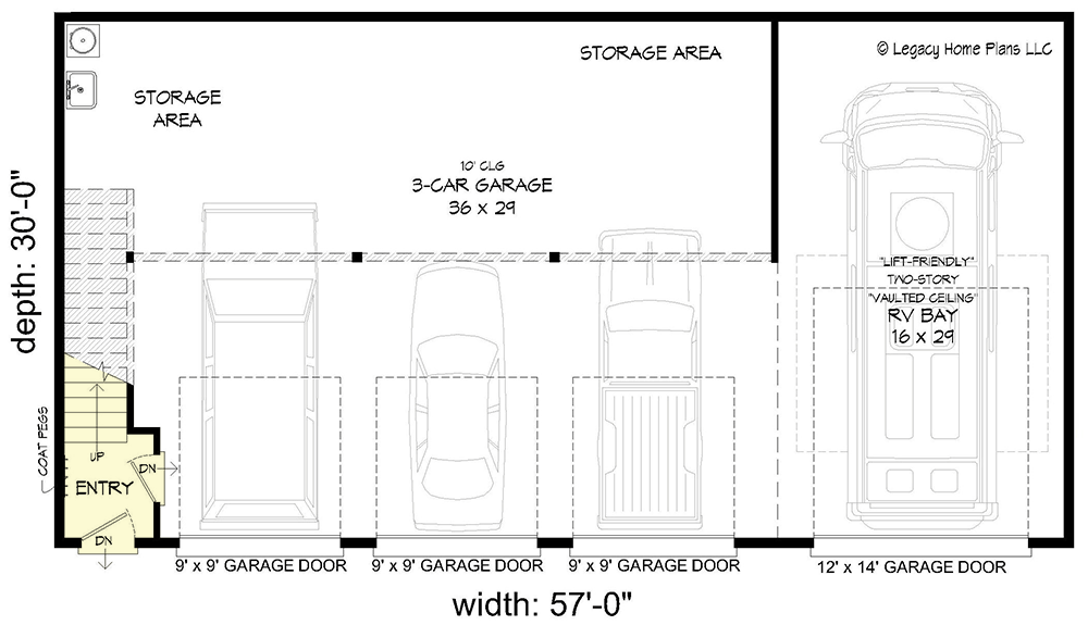 Plan 680017VR: 4-Car 969 Square Foot Garage Apartment with RV Parking - Floor Plan - Main Level - Carriage, Contemporary, Rustic