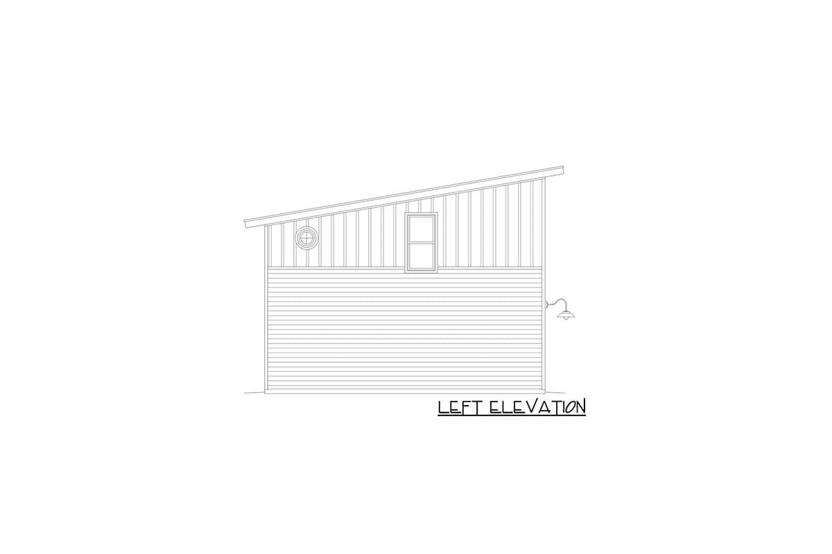 Left elevation drawing of a house with horizontal siding, vertical siding above, a circular window, and a rectangular window.