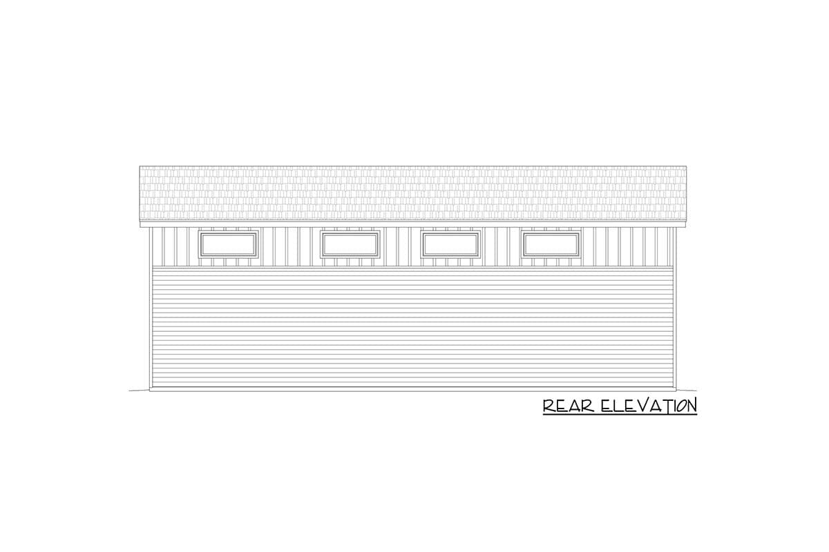 Rear elevation drawing of a house with horizontal siding, a shingled roof, and four rectangular windows.