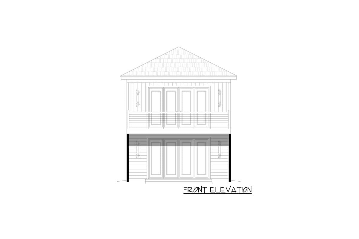 Front elevation drawing of a two-story house plan with a gable roof, balcony, and multiple French doors.
