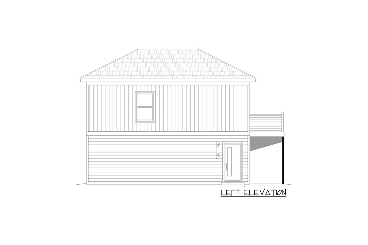 Left elevation drawing of a two-story house plan with vertical siding, a single window, a covered porch with a door, and a deck.