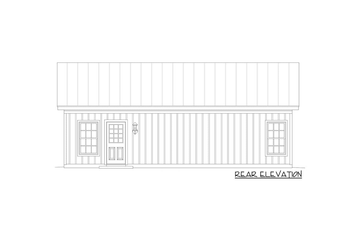 Rear elevation of a house plan showing vertical siding, a central door, and two windows with a metal roof.