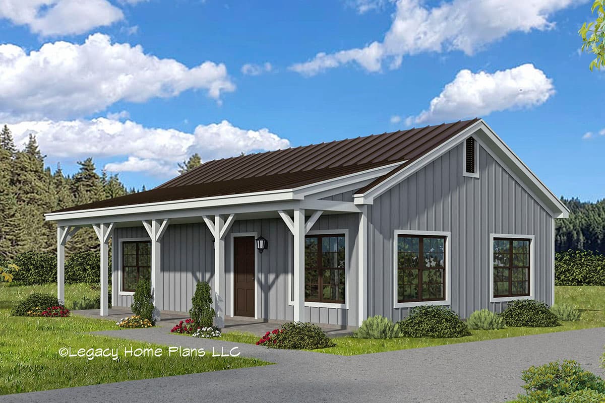 House plan exterior. Single-story, farmhouse-style home with a porch, gabled roof, and dark brown metal roofing.