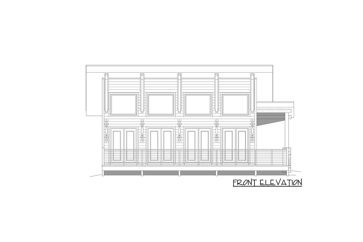Front elevation drawing of a two-story house with multiple doors, windows, and a wraparound balcony.