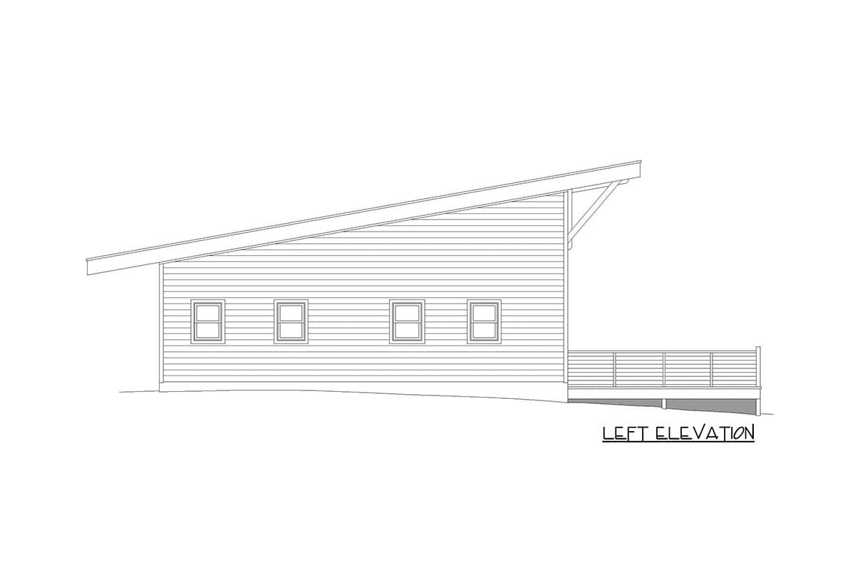 Left elevation drawing of a house plan featuring a shed roof, horizontal siding, four windows, and a deck.