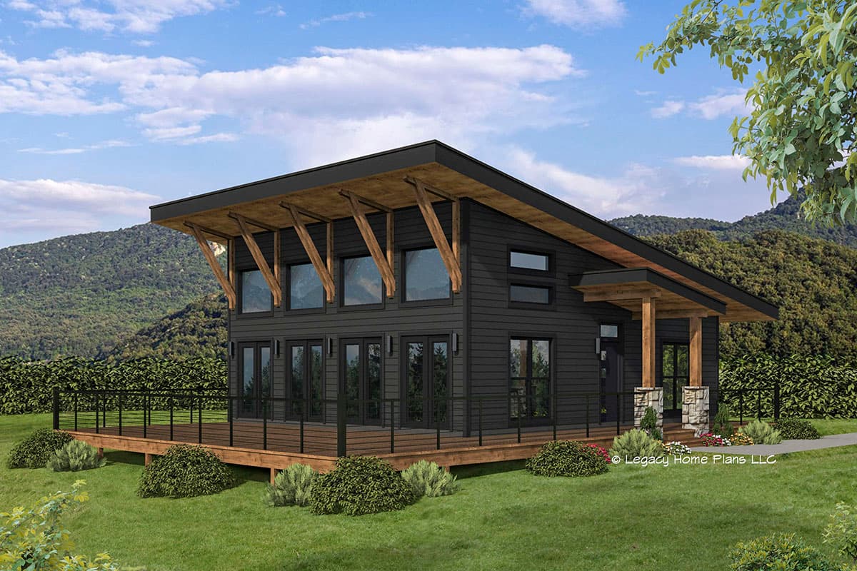 House plan exterior. Modern style, two-story home. Features include a deck, exposed rafters, and an offset entry porch with stone accents.