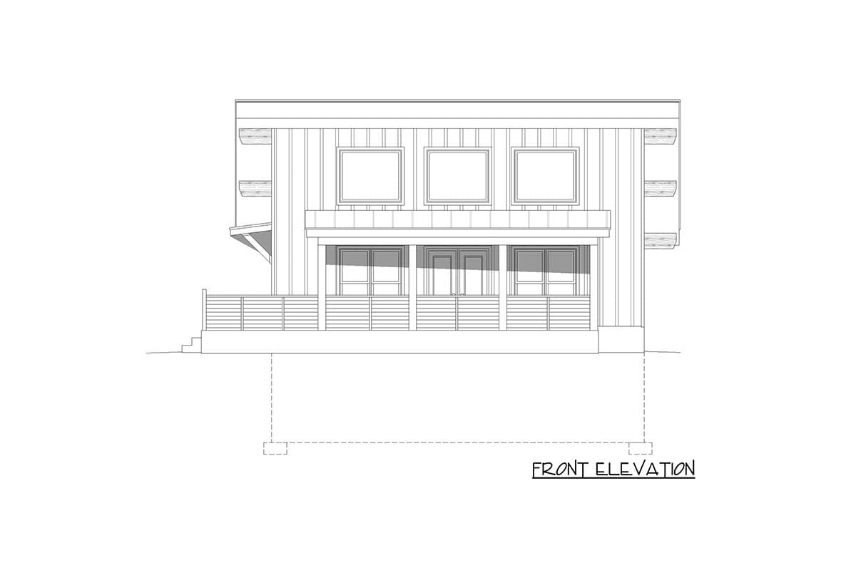 Front elevation drawing of a house plan showing a covered porch with three windows above and a railed deck.