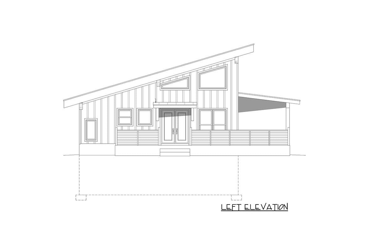 Left elevation house plan drawing with a sloped roofline, large windows, double doors, and a porch.