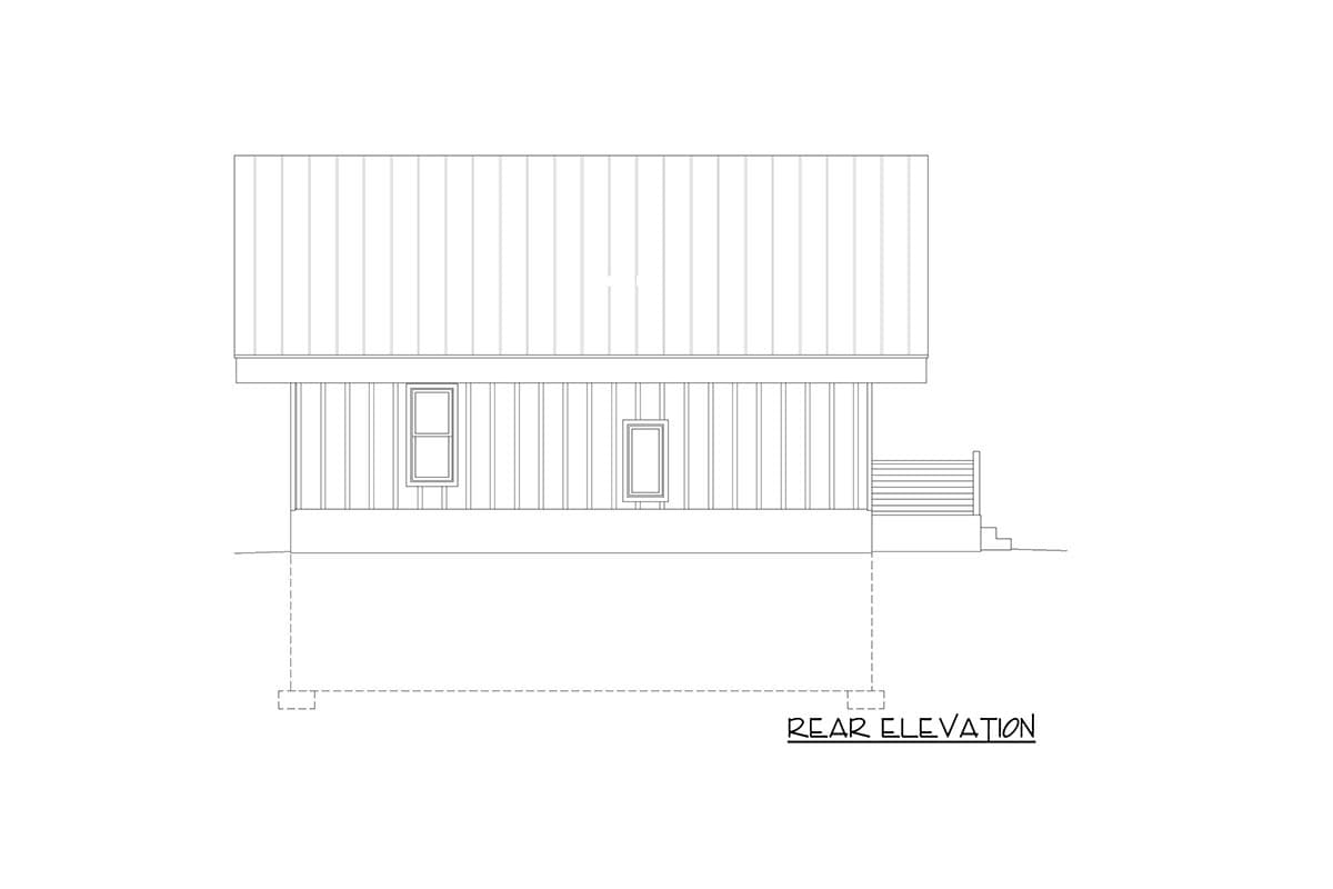 Rear elevation drawing of a house plan featuring a metal roof, vertical siding, two windows, and a deck with stairs.