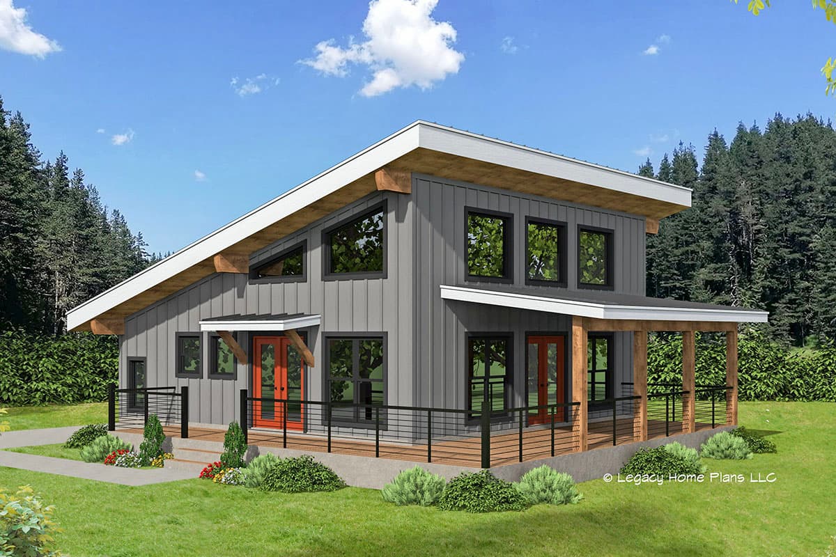 House plan exterior with two stories and a modern style. Features include a covered porch, shed roof, and clerestory windows.