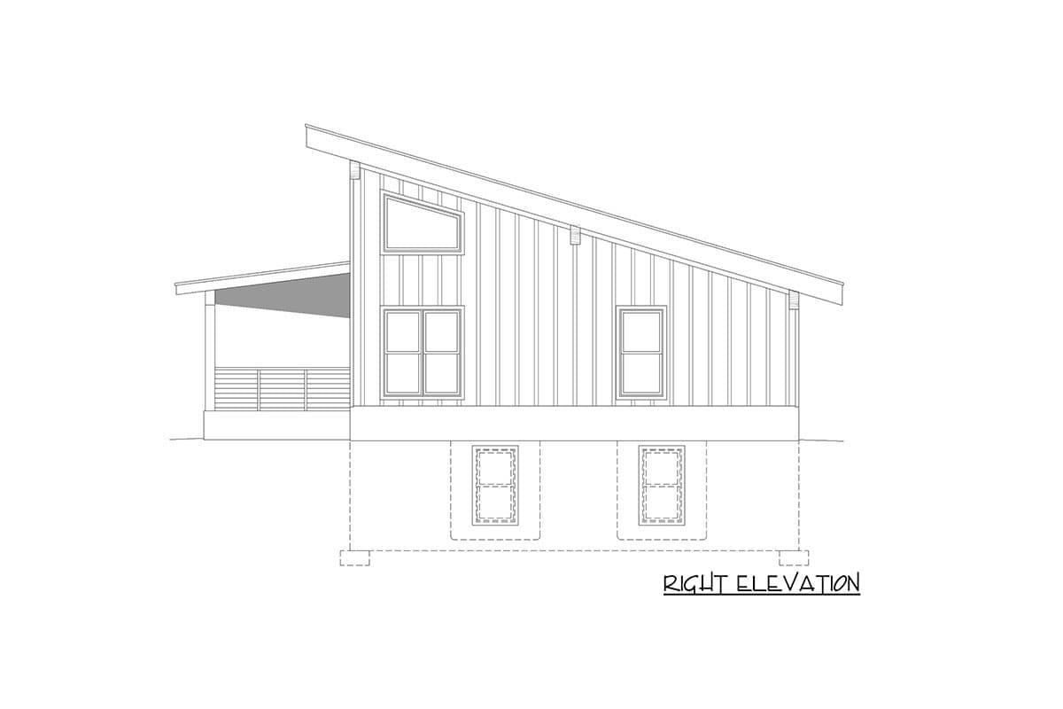 Right elevation of a house plan featuring a shed roof, covered porch, and multiple window types.