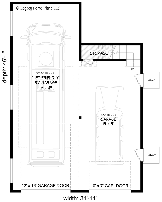 Plan 680022VR: 1300 Square Foot Detached RV Garage with 555 Square Foot Loft - Floor Plan - Main Level