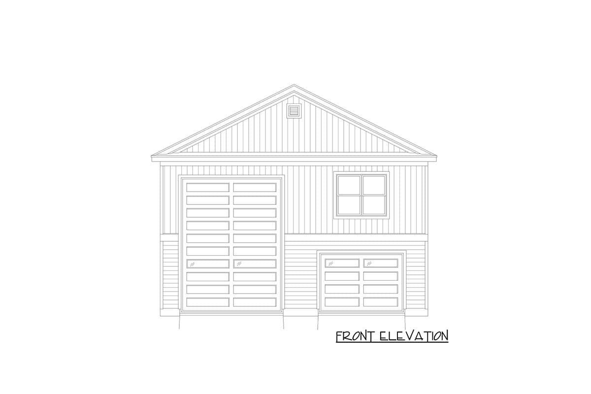 Front elevation drawing of a house plan featuring two garage doors of different sizes and a single window.