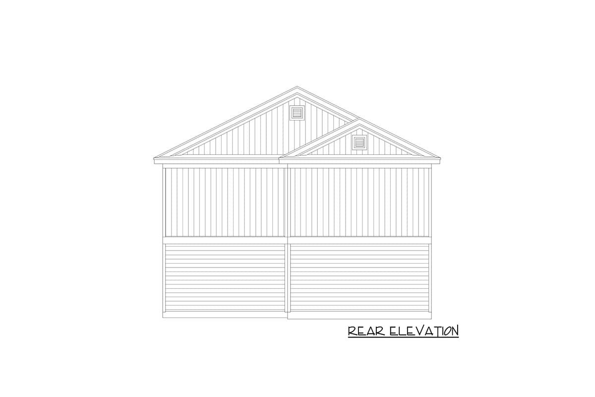 Rear elevation drawing of a house with a gable roof, vertical siding, horizontal siding, and gabled vents.