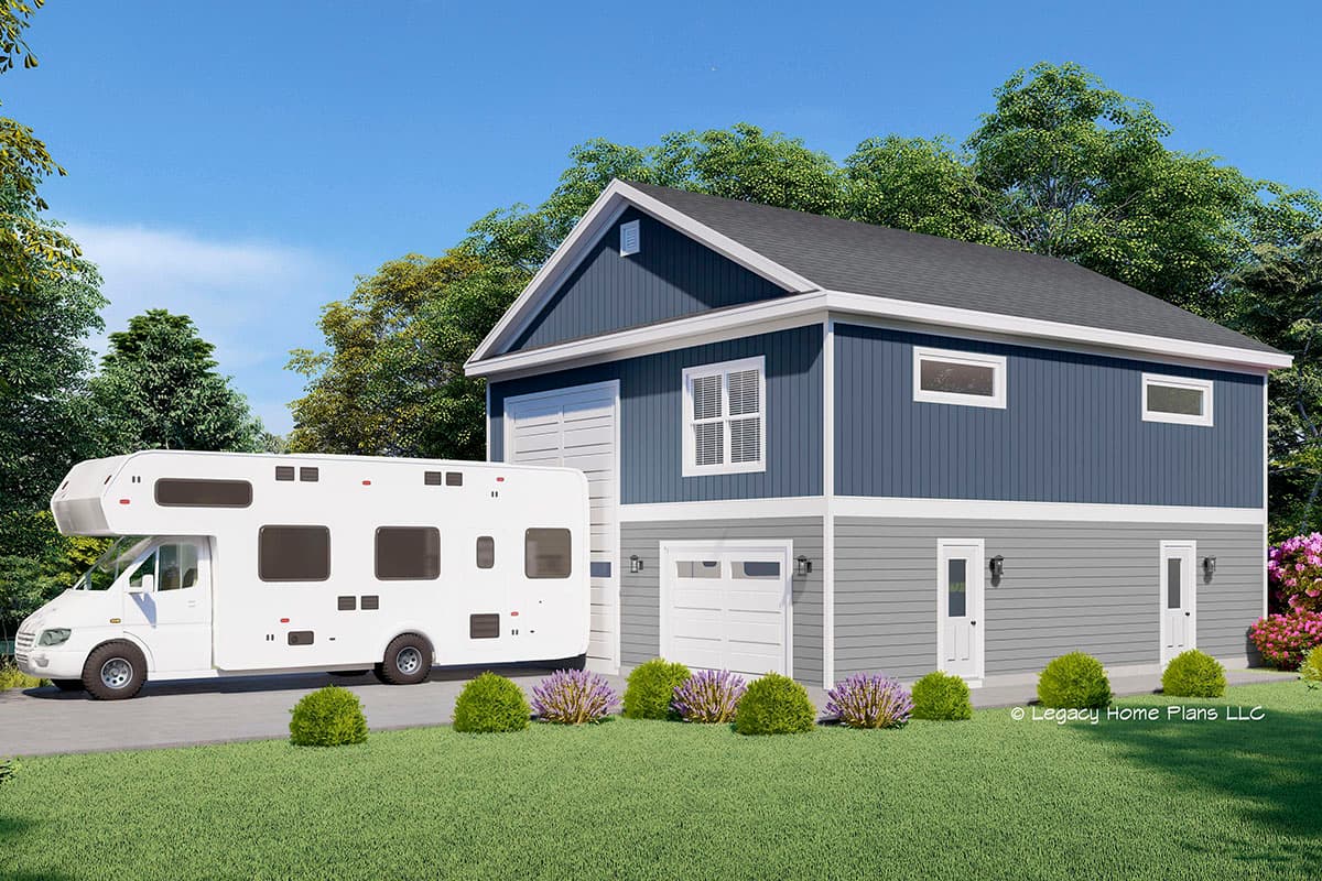 Two-story house plan exterior with a gabled roof, two-car garage, and two entries. Gray and blue siding.