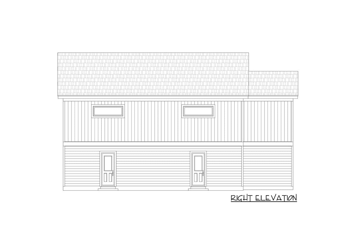 Right elevation drawing of a two-story house plan with two doors and two rectangular windows.