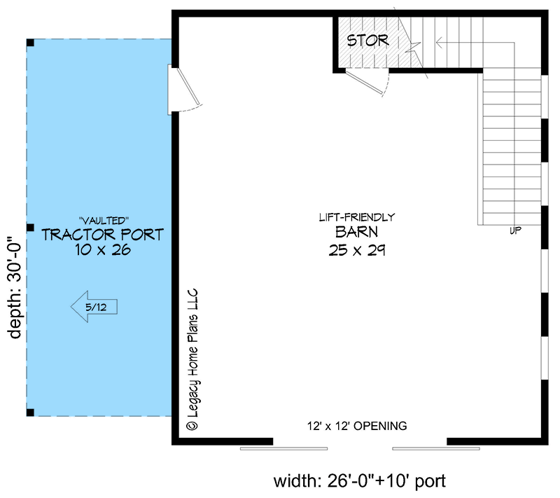 Plan 680023VR: 780 Square Foot Barn with Tractor Port - Floor Plan - Main Level - Country, Traditional