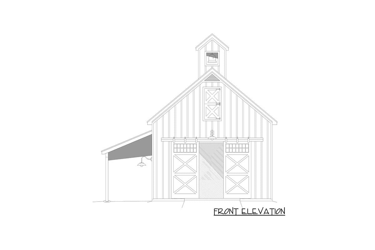 Front elevation drawing of a barn-style house with a cupola, vertical siding, sliding barn doors, and a covered lean-to on the left.