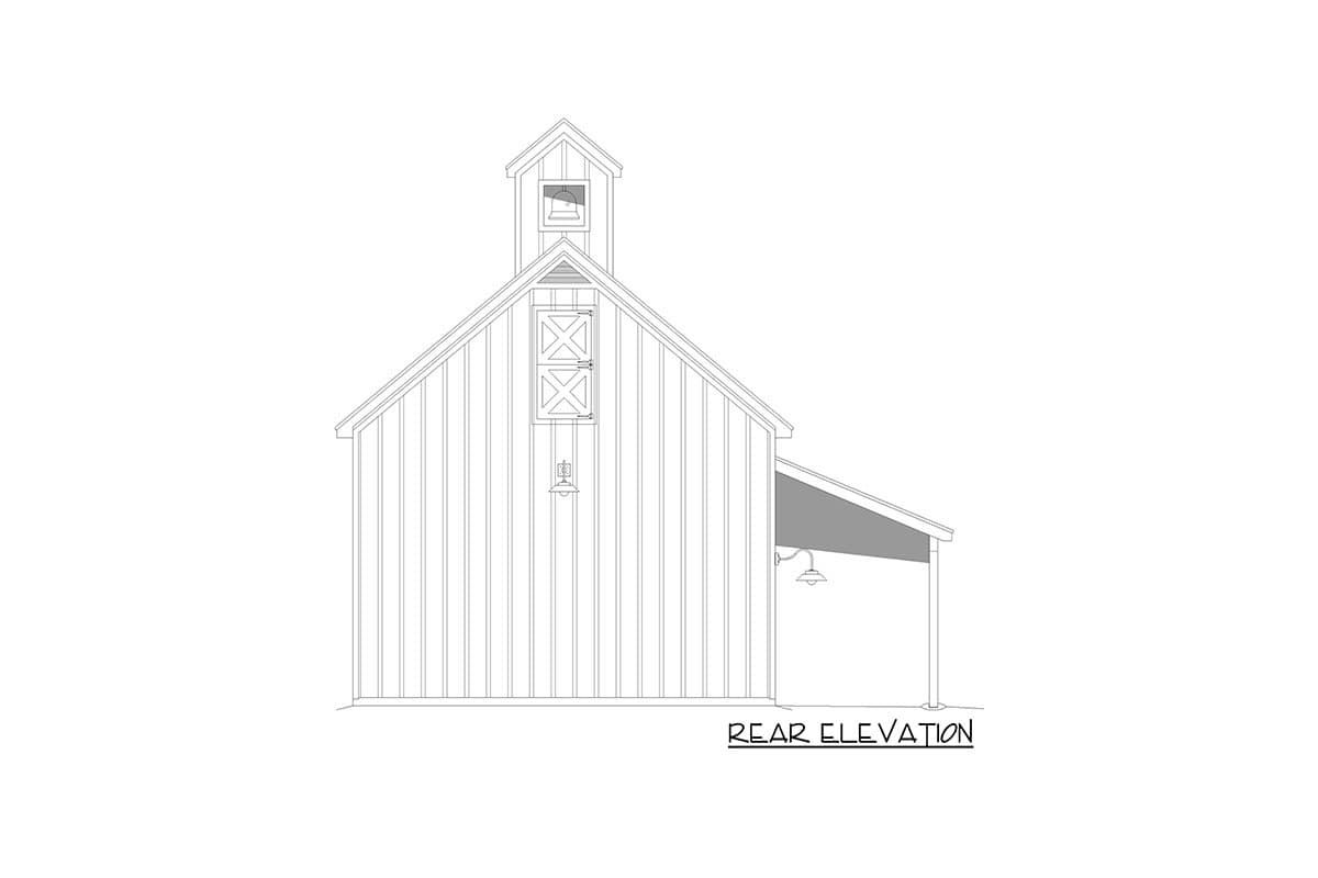 Rear elevation drawing of a barn-style house plan with vertical siding, cupola, gable vent, and covered porch.