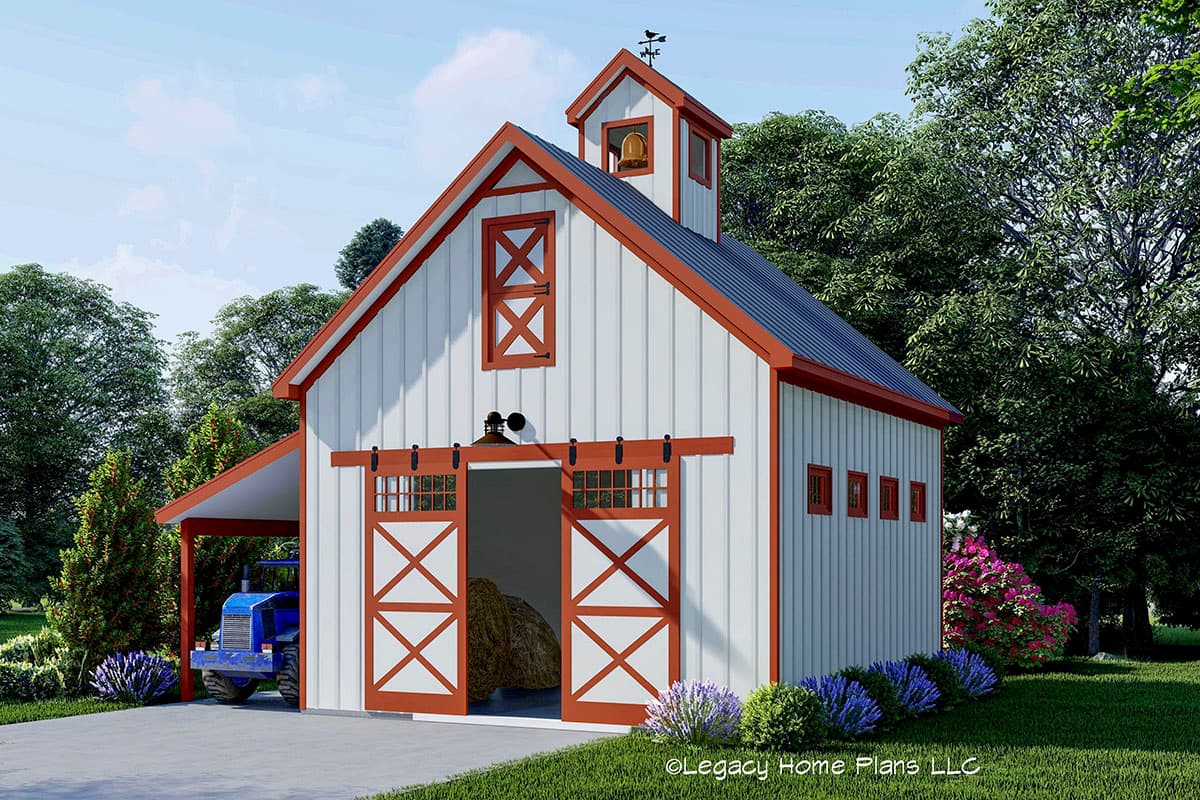 House plan exterior. Two-story barn style building with a cupola and a shed roof on the side. Features sliding barn doors and a dark roof.