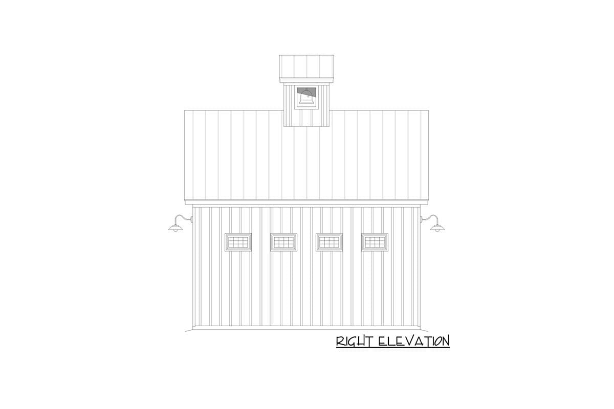 Right elevation drawing of a house plan featuring vertical siding, four windows, two exterior lights, and a cupola.
