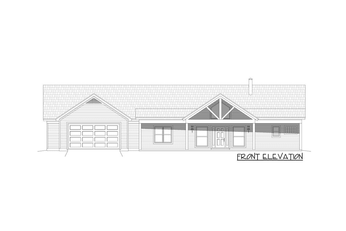 Front elevation drawing of a one-story house with attached garage, covered entry porch, gabled roof, and front-facing gable with exposed beams.
