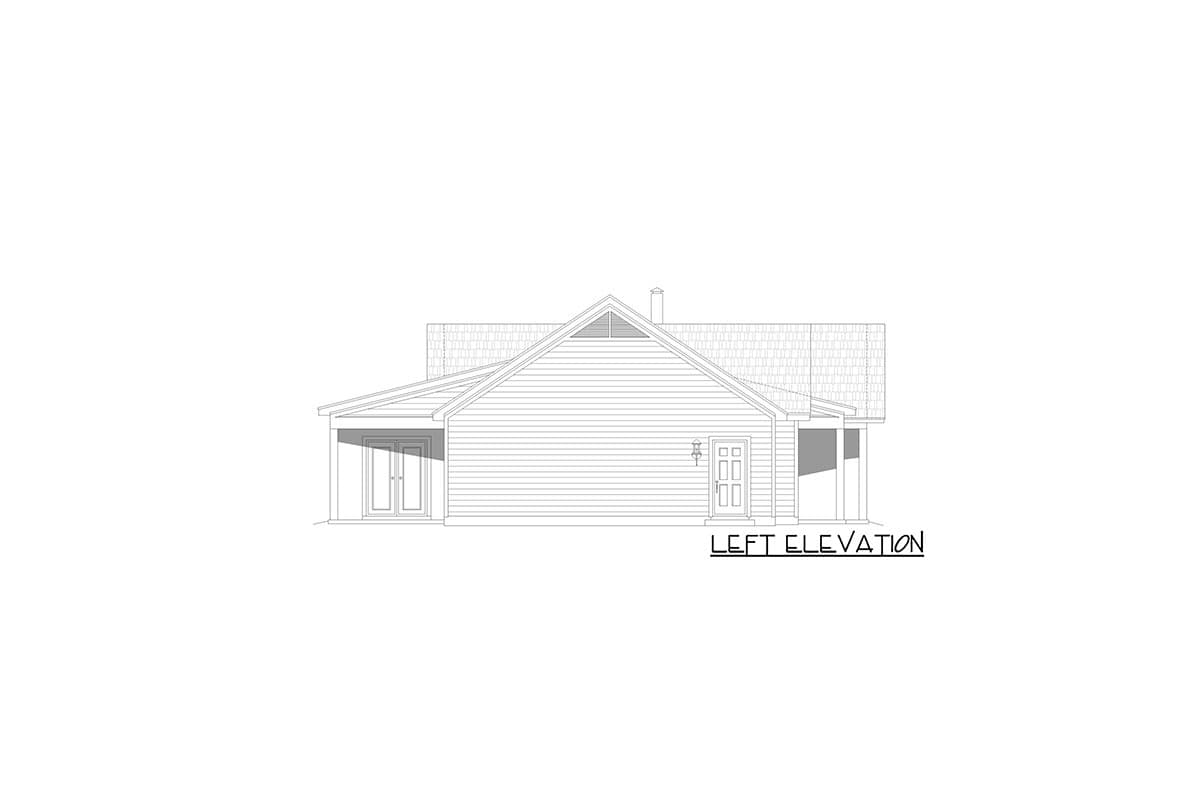 Left elevation drawing of a house plan with a prominent gable, covered porch, and double entry doors.