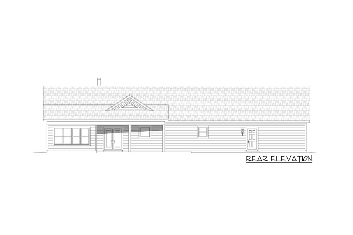 Rear elevation drawing of a house plan with a covered porch, multiple windows, and a double door entry.