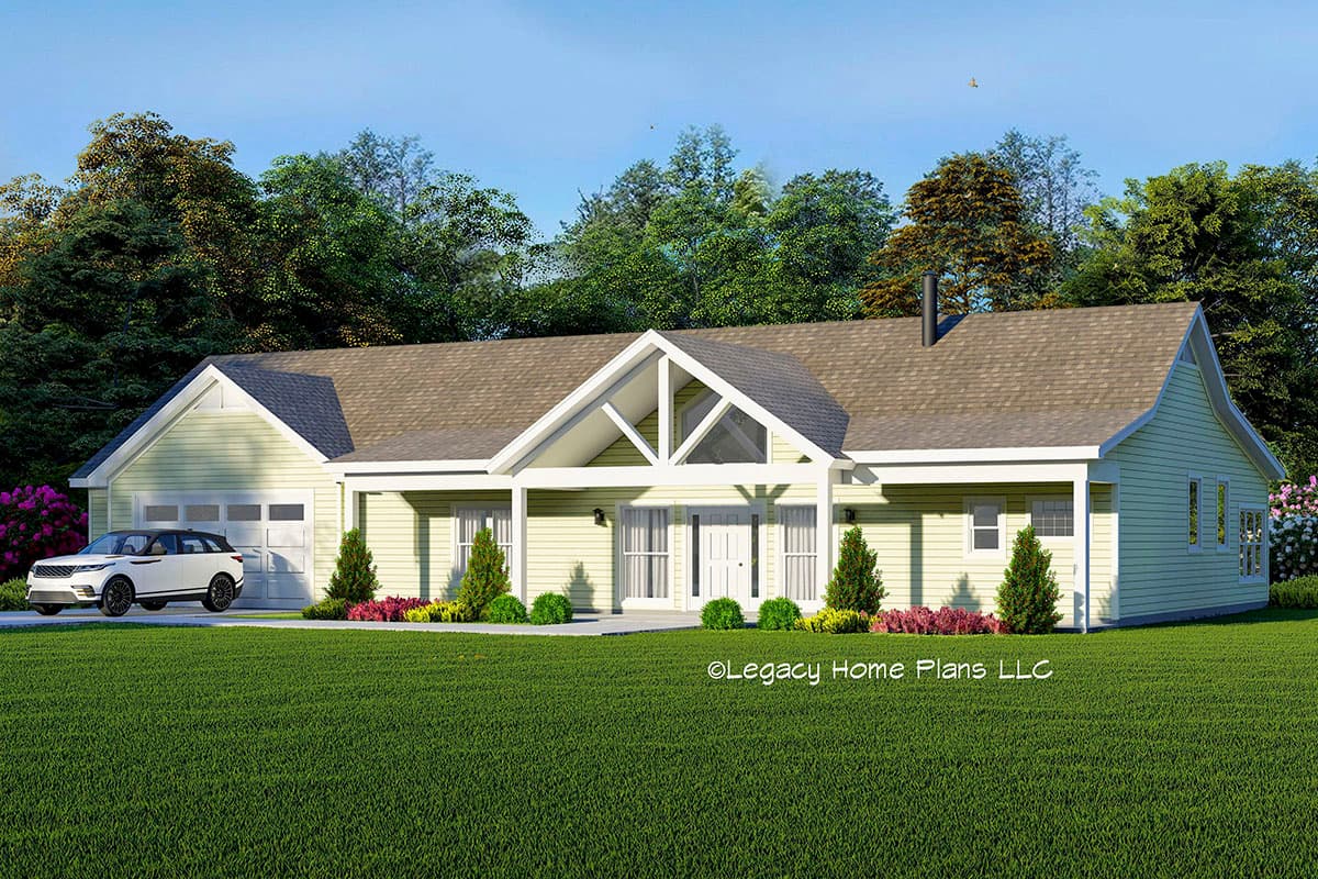 House plan exterior featuring a single-story Ranch style home with gabled rooflines, covered porch with exposed beams, and attached garage.