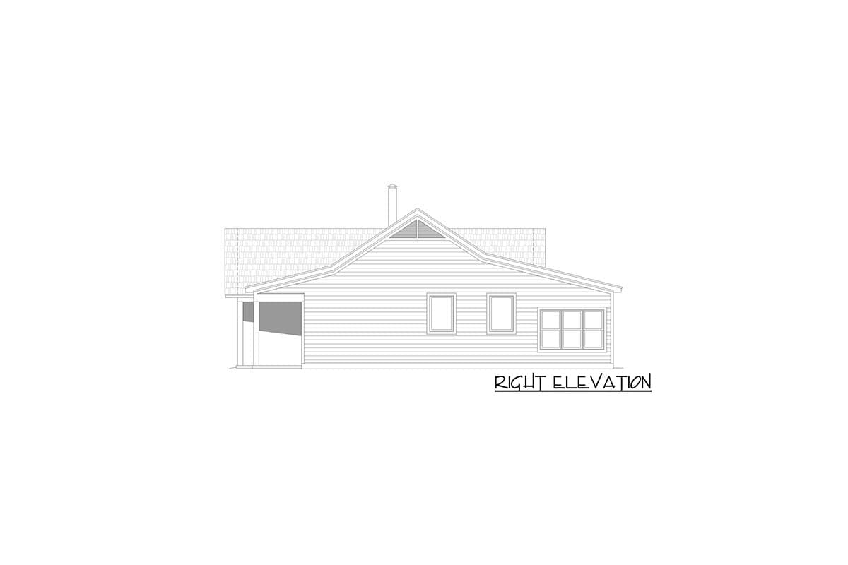 Right elevation drawing of a one-story house plan with a gable roof, covered entry, and horizontal siding.