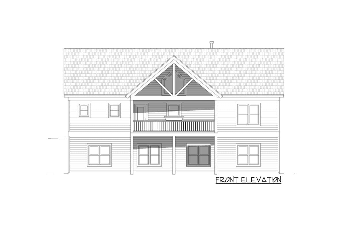 Front elevation of a two-story house plan with a central gabled dormer, second-story balcony, and horizontal siding.