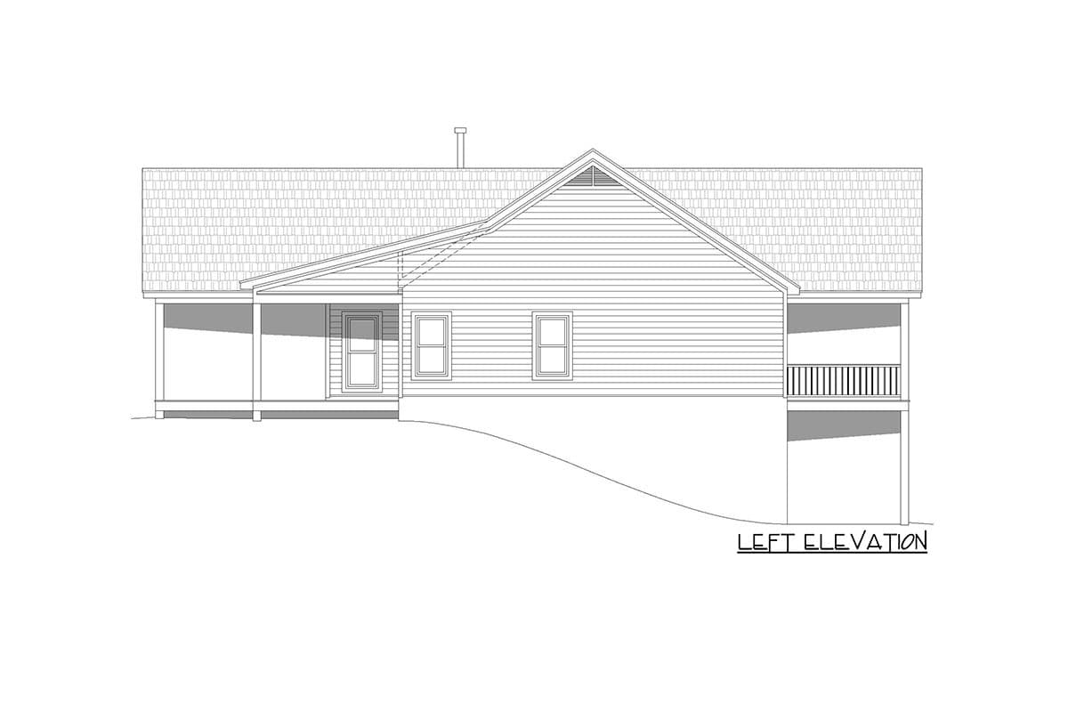 Left elevation house plan drawing showing a single-story home with a gable roof, front porch, and rear deck.
