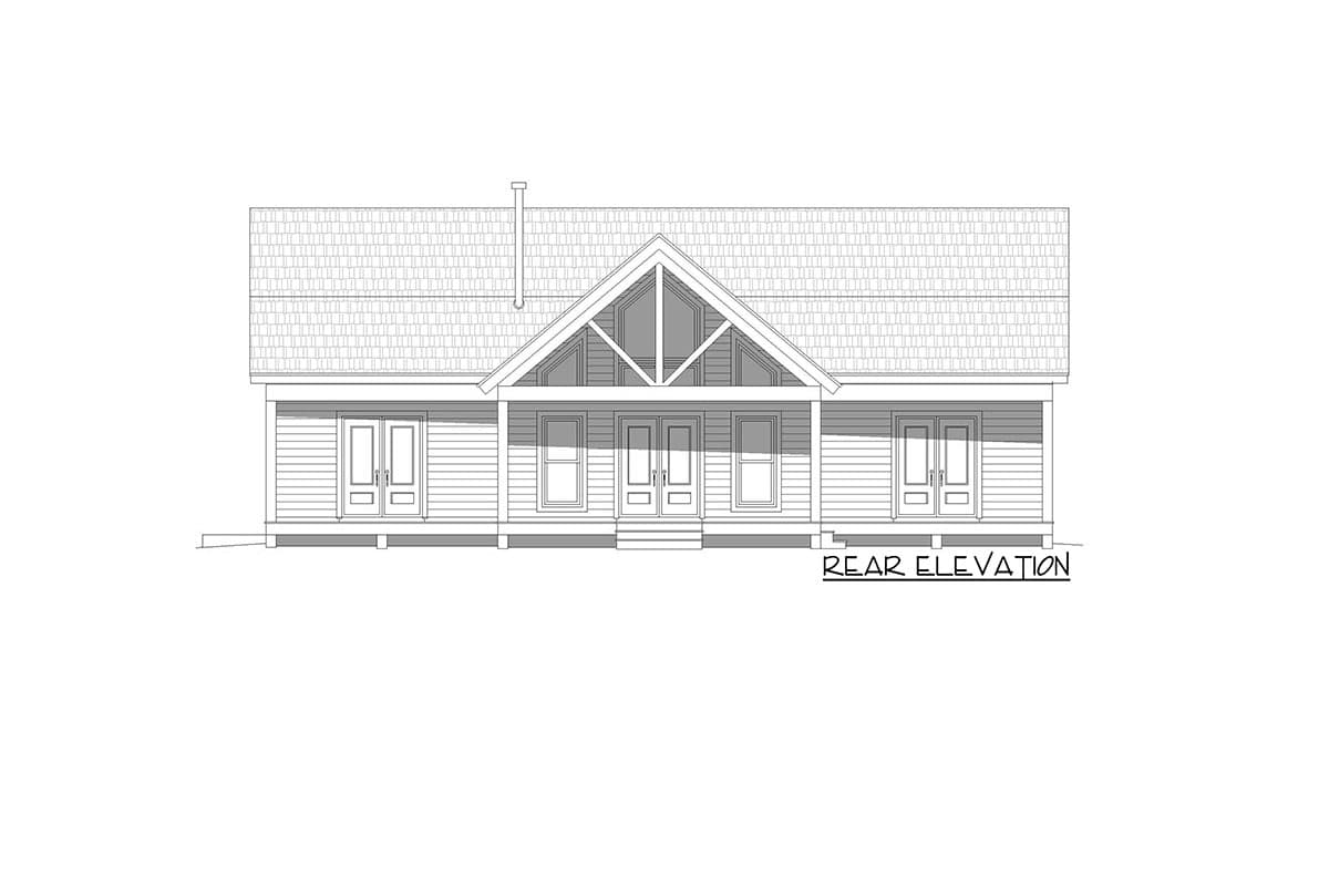 Rear elevation house plan drawing of a one-story home with a prominent gabled central section featuring exposed rafter tails.