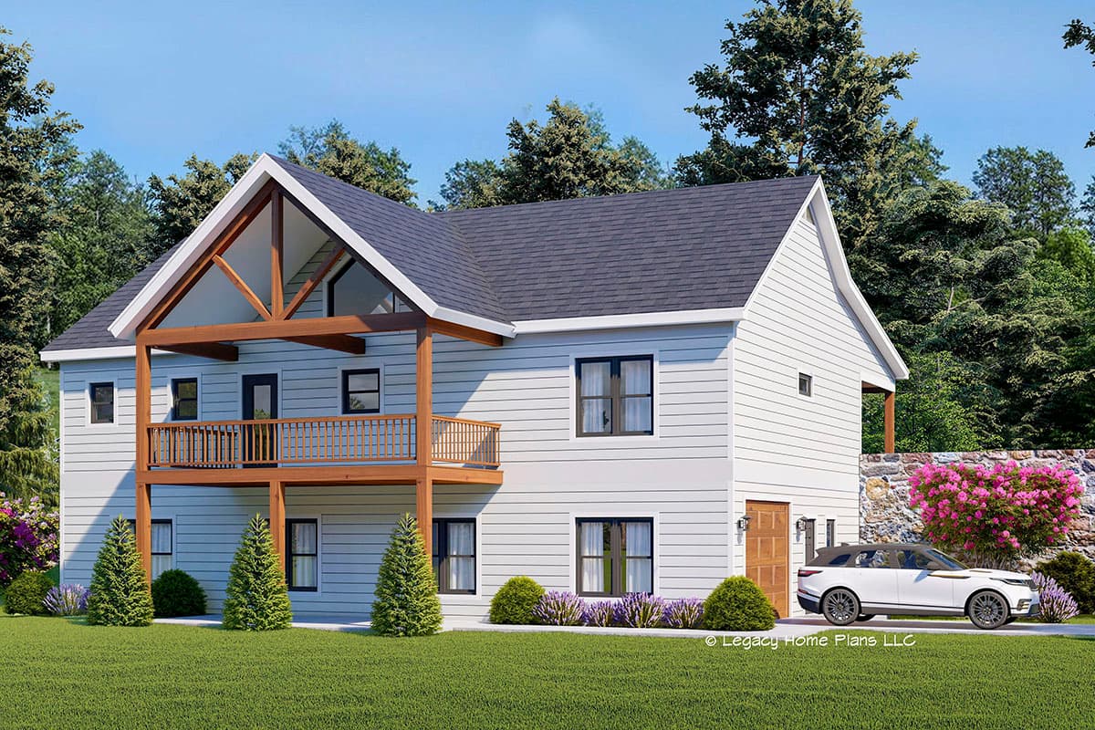 House plan exterior with two stories. Features include a gable roof, timber-frame balcony, and attached garage. Lap siding and dark framed windows.
