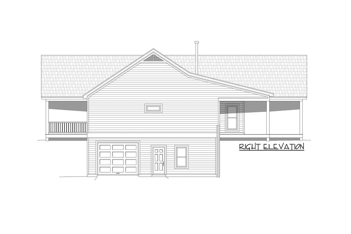 Right elevation of a house plan featuring a two-car garage, front door, and a covered porch.
