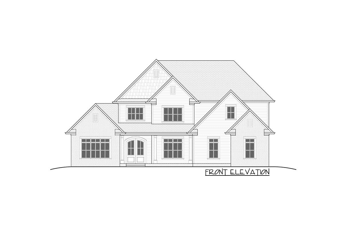 Front elevation drawing of a two-story house plan with a covered porch, dormers, and mixed brick and siding exterior.