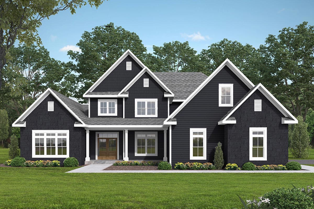 House plan exterior: Two-story Modern Farmhouse with covered entry, multiple gables, dormers, and contrasting stone and shingle siding.
