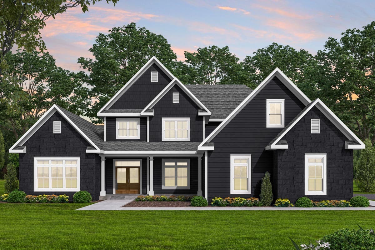 House plan exterior. Two-story home with multiple gables, covered porch, and a combination of shingle and stone siding.