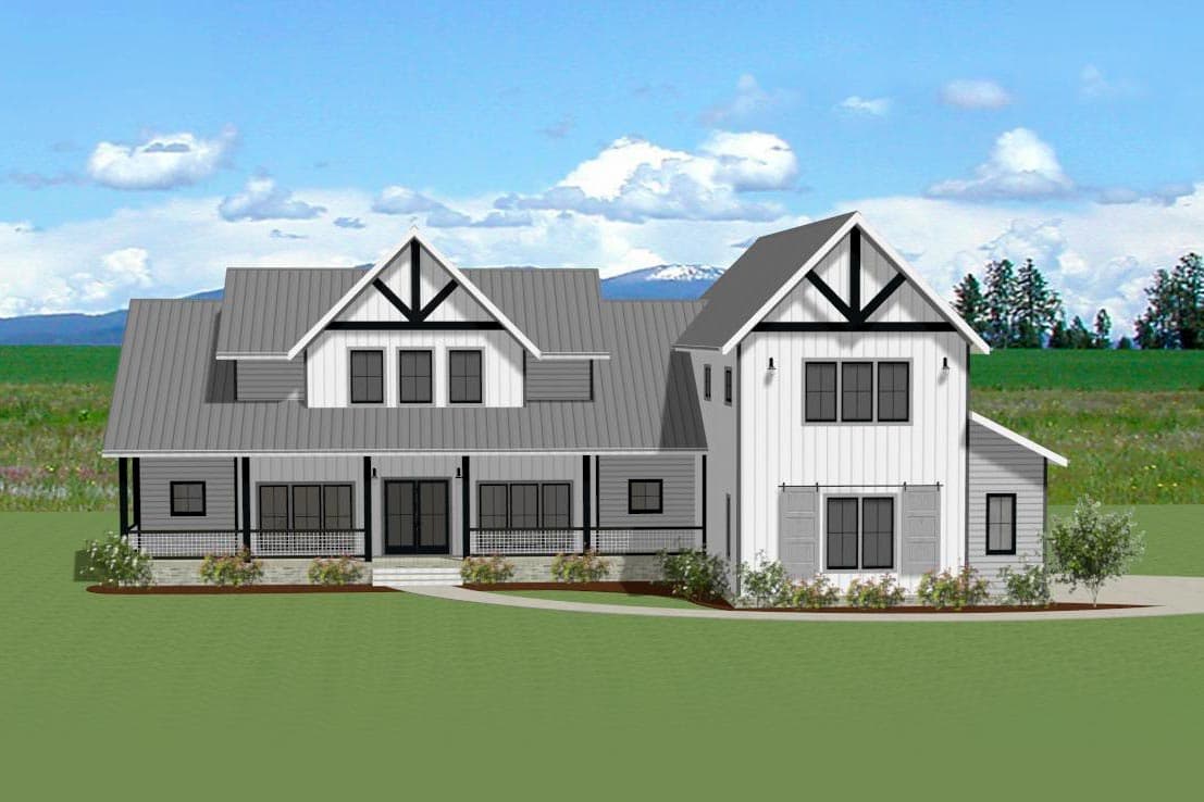 House plan exterior. Two-story Modern Farmhouse with a front porch, multiple gables, and a metal roof. Black and white accents.
