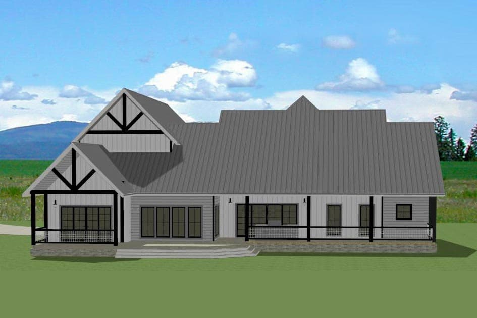 House plan exterior: Modern Farmhouse style, one story, with gabled dormers, metal roof, and wraparound porch.