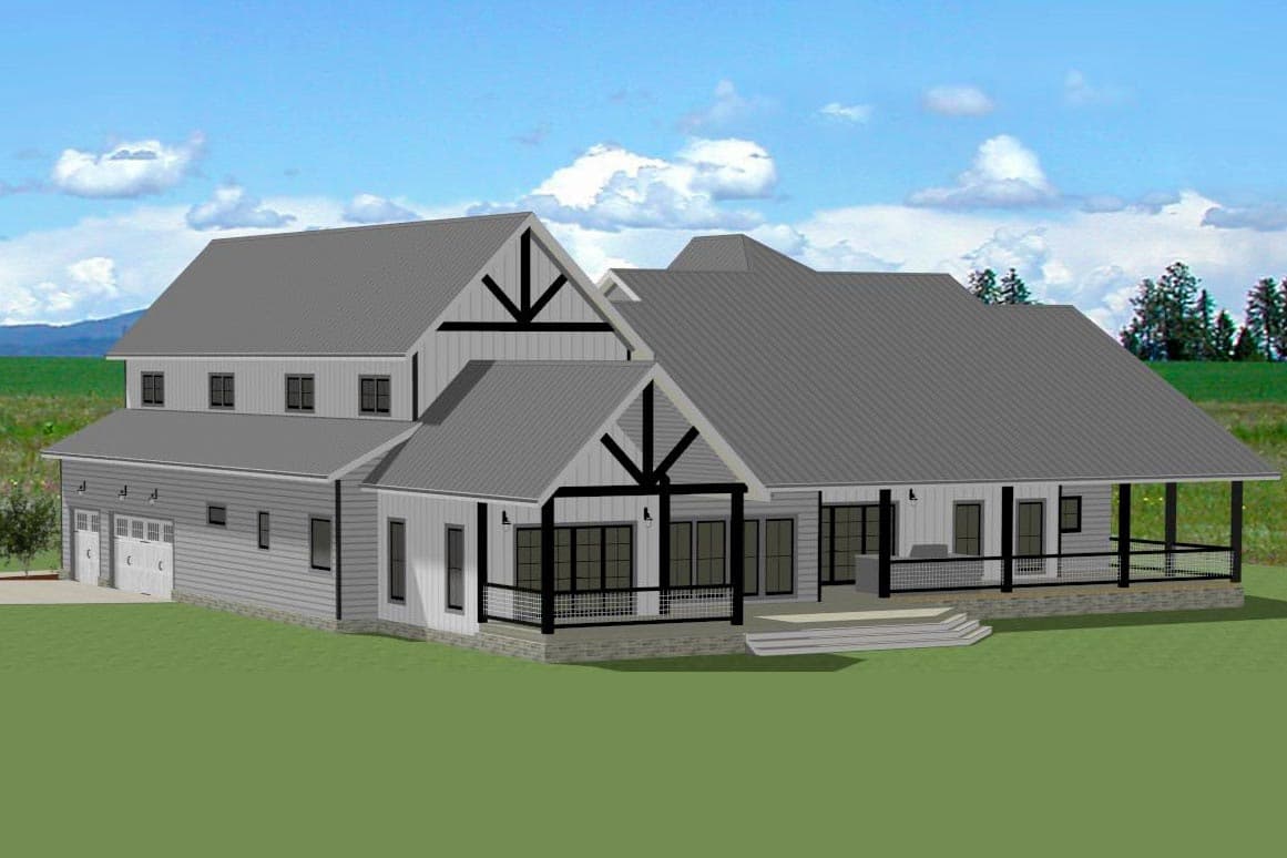 Modern Farmhouse house plan exterior with two stories, metal roof, gable accents, and a wrap-around porch.