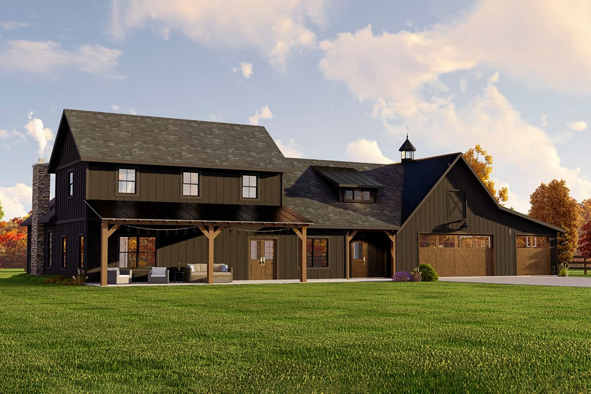 House plan exterior. Two-story Modern Farmhouse with a covered porch, board and batten siding, and a gabled roof. Attached garage.